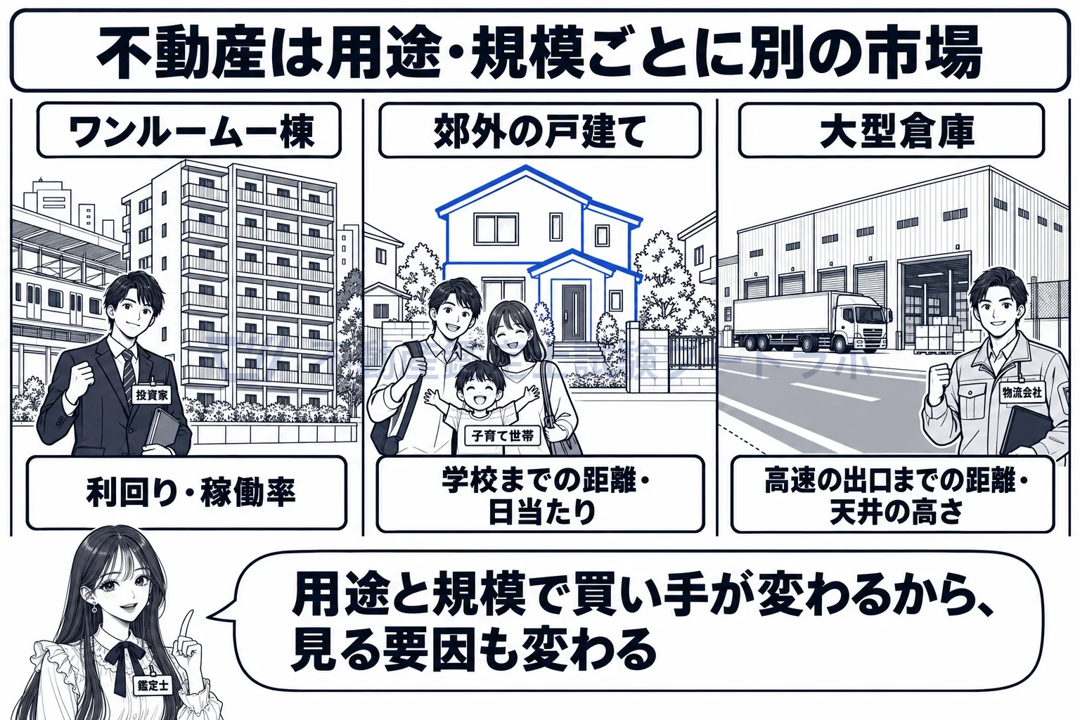 市場参加者の観点の図解:用途と規模が違えば、買い手の顔ぶれも見る要因も変わる。