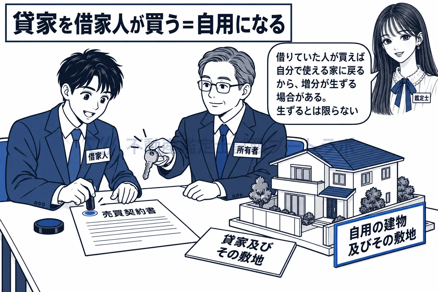 市場性の回復等に即応する経済価値の増分の図解:借家人が買えば、貸家は自用の建物及びその敷地になる。