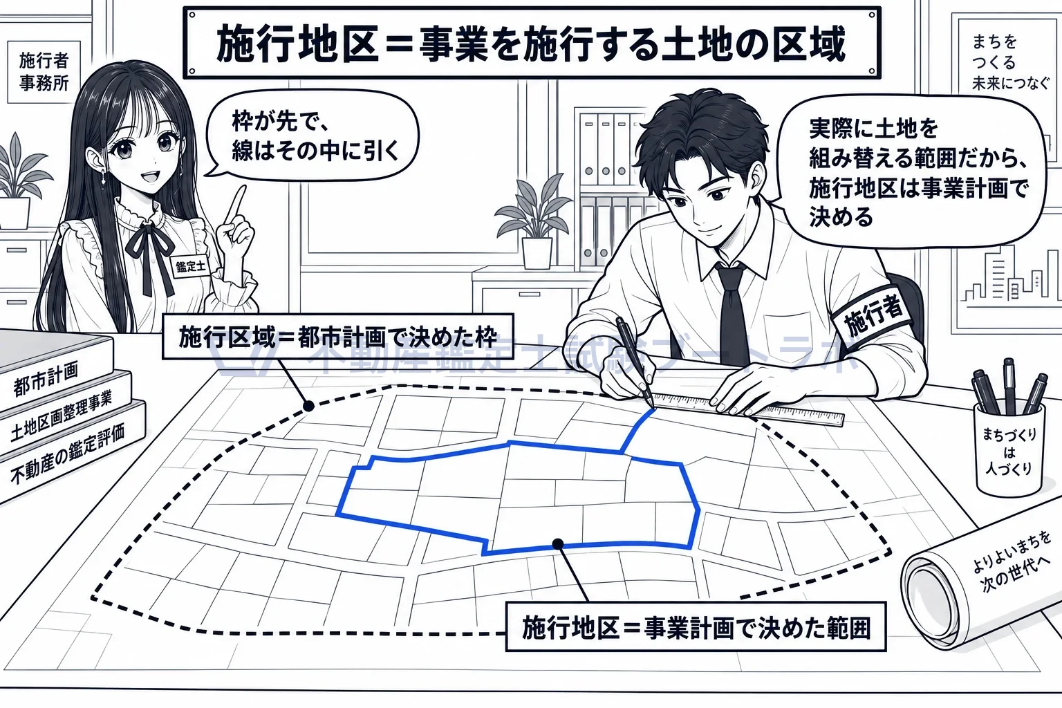 施行地区の図解：施行区域は都市計画が決めた枠、施行地区は事業計画で決めた範囲。