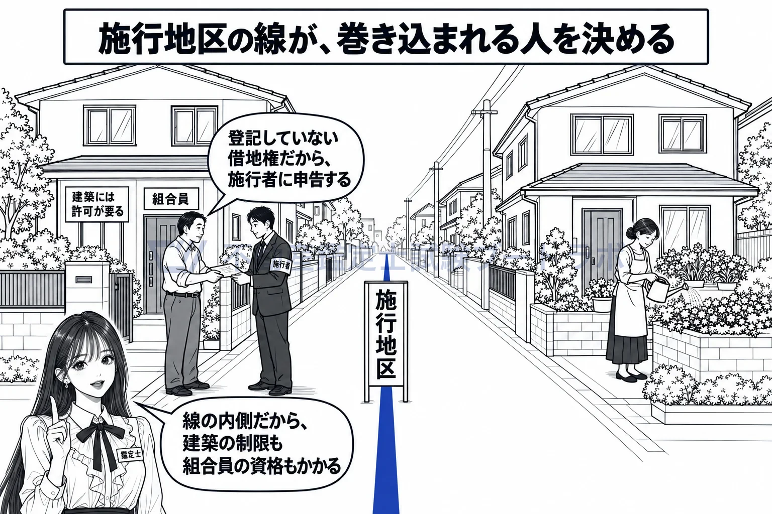 施行地区の図解：線の内側の家には建築の制限と組合員の資格がかかる。