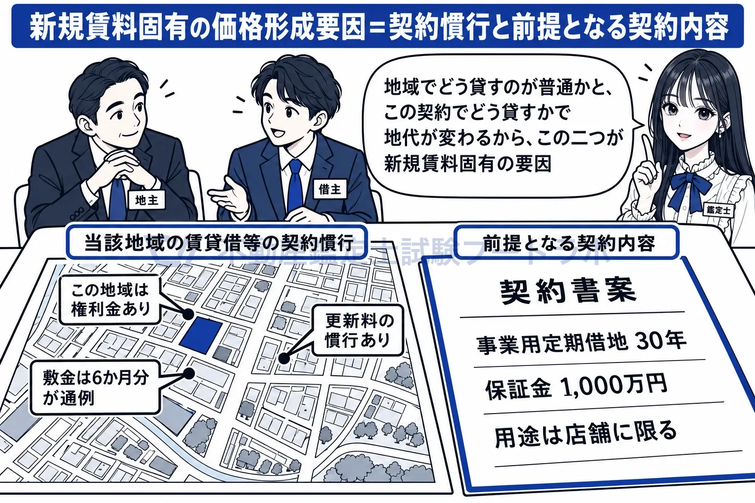 新規賃料固有の価格形成要因の図解:地域ではどう貸すのが普通か、この契約ではどう貸すか。地代を決める二つの要因。