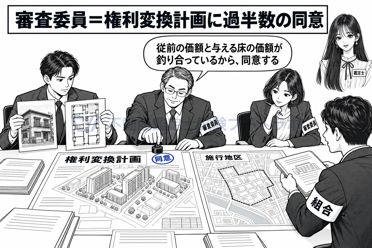 審査委員の図解:権利の付け替えが公正かを、専門家の委員が確かめて同意する。
