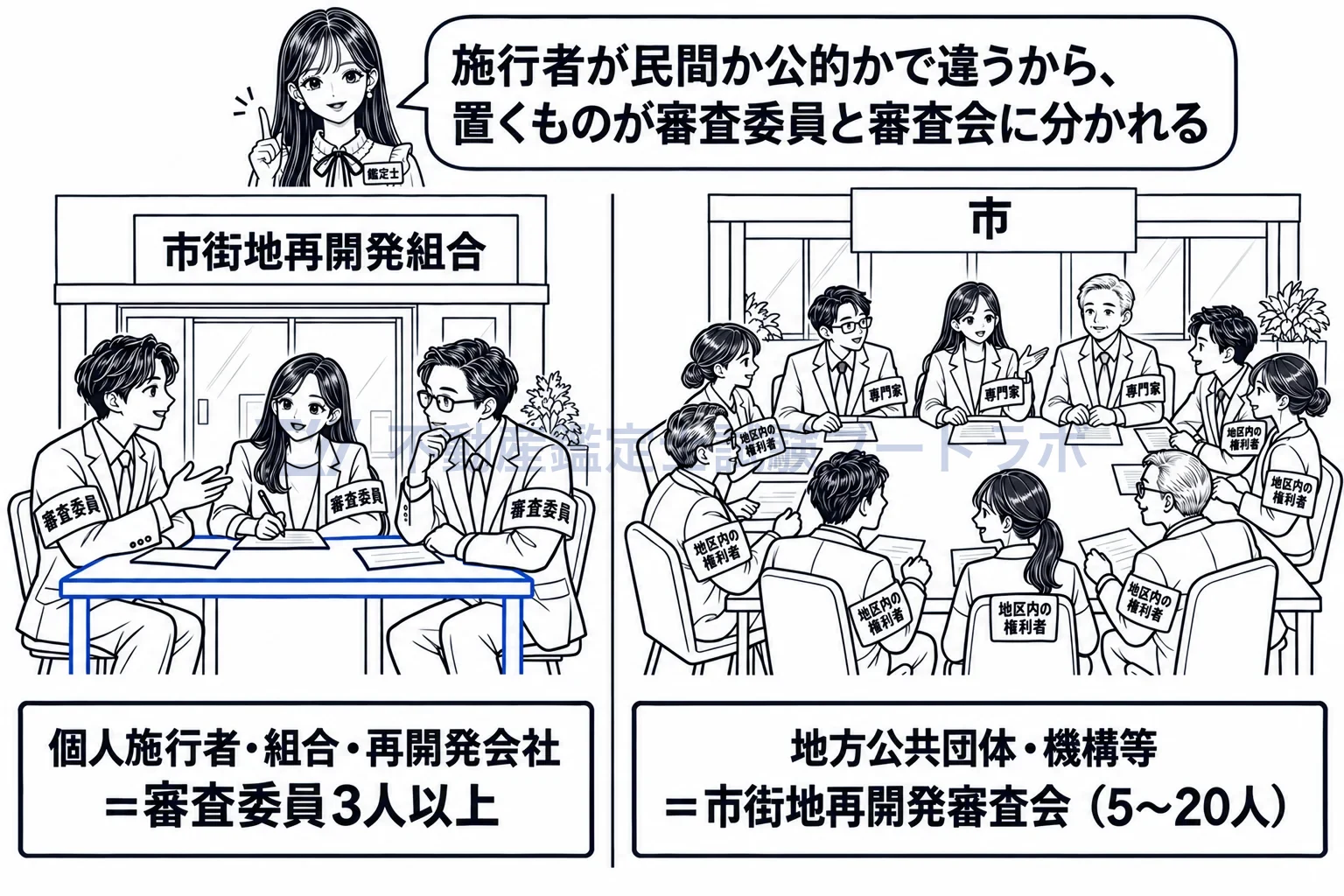 審査委員の図解:施行者が民間なら審査委員、役所や機構なら市街地再開発審査会。