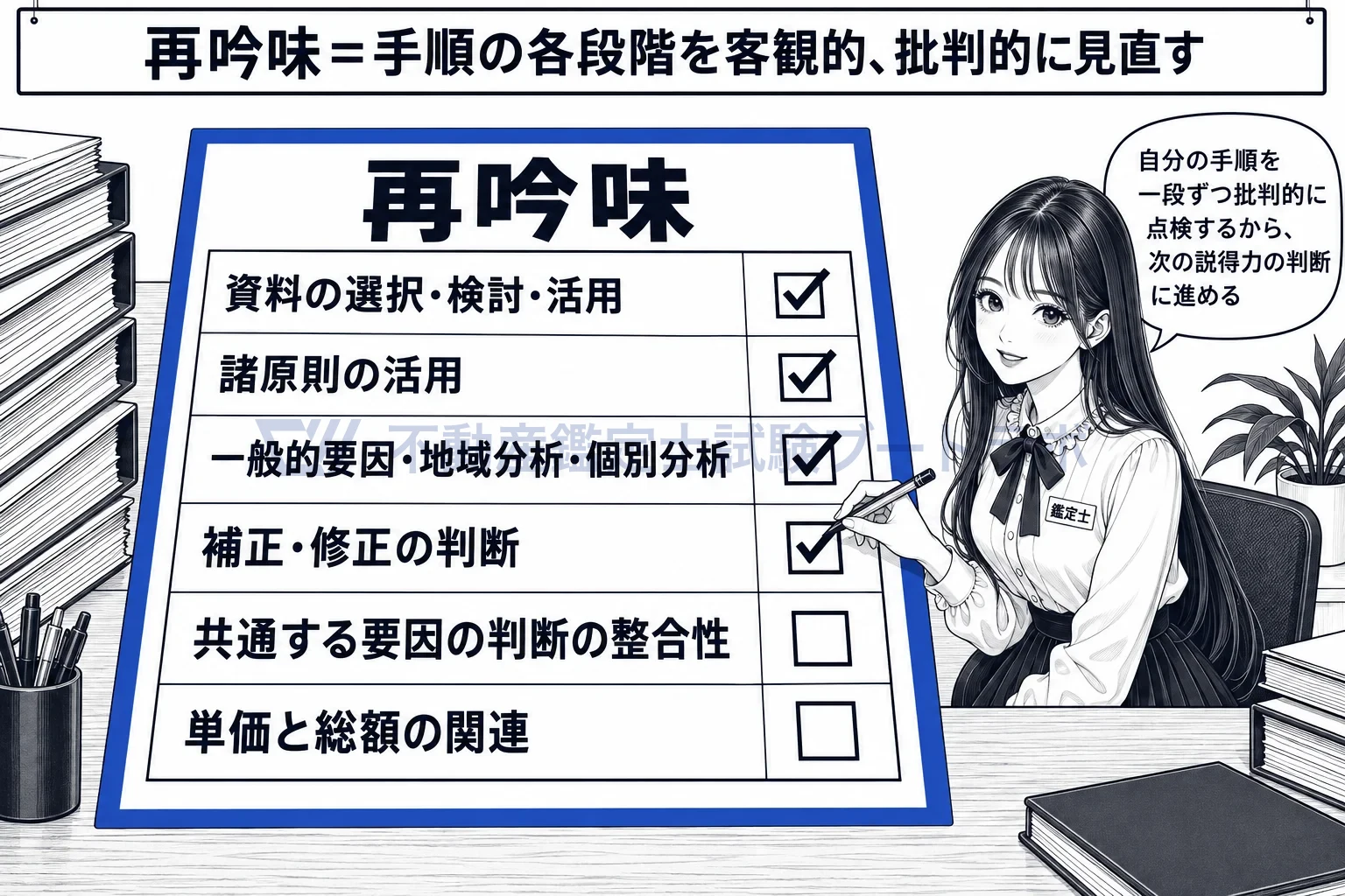 試算価格の再吟味の図解:説得力を比べる前に、自分の手順を六つの点で点検する。