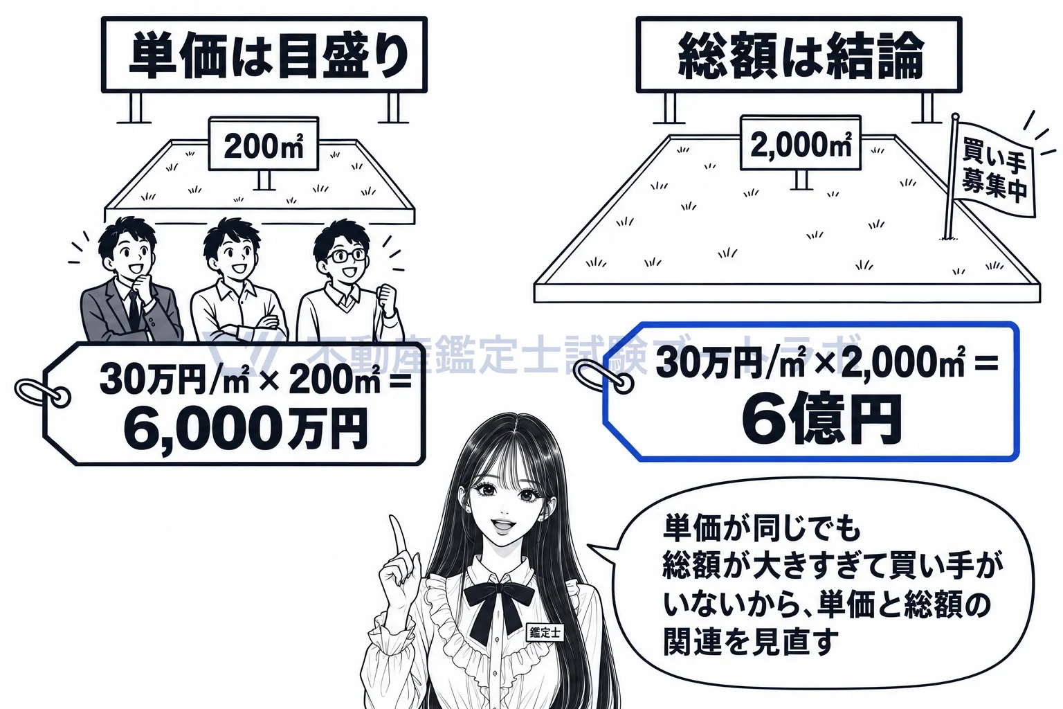 試算価格の再吟味の図解:単価が同じでも、総額が大きすぎて買い手がいなければ、単価と総額の関連を見直す。