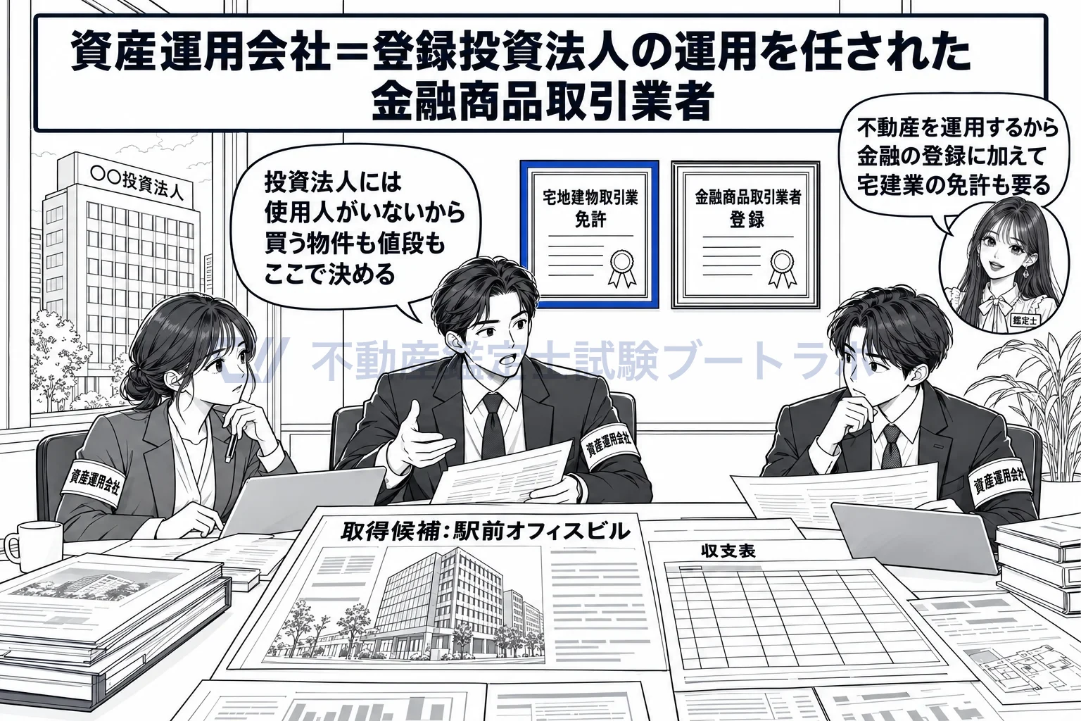 資産運用会社の図解：投資法人の頭脳。不動産を扱うなら、壁に宅建業の免許。