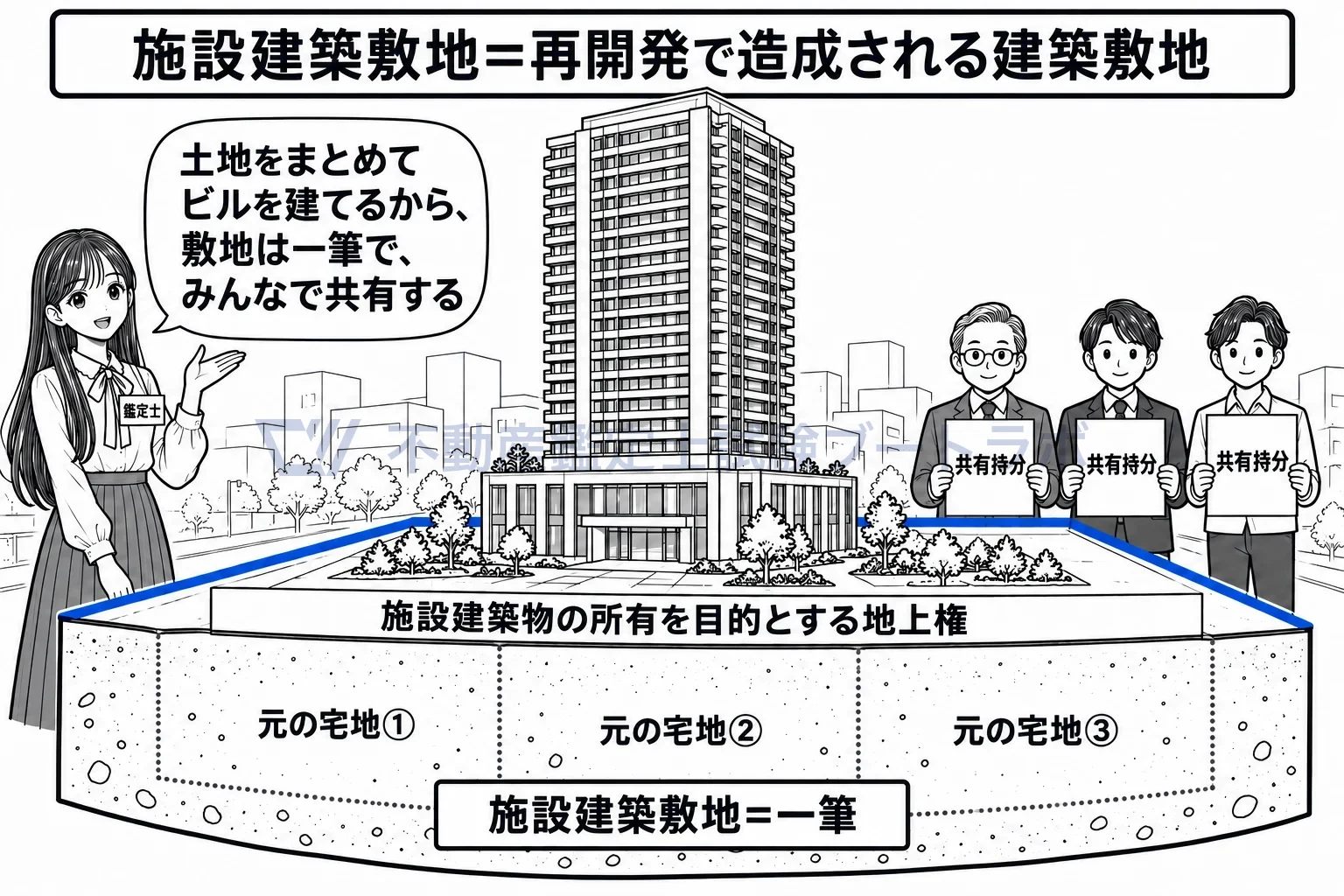 施設建築敷地の図解：細かく分かれていた土地が、ビルの足元の一筆の敷地にまとまる。