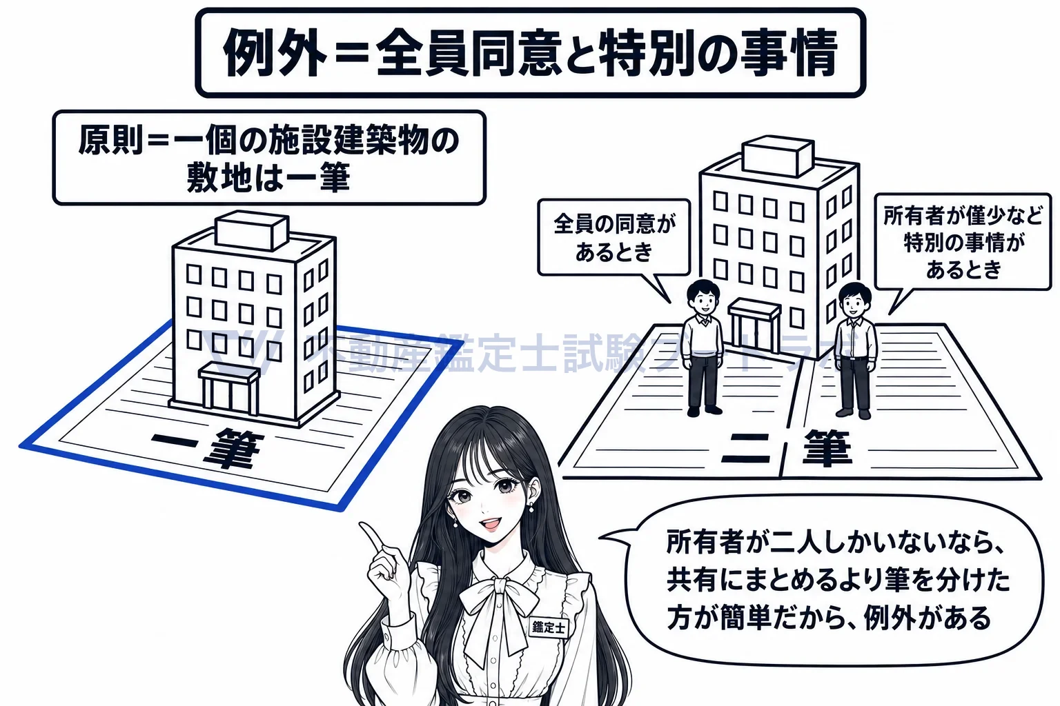 施設建築敷地の図解：一筆が原則。全員同意か、所有者が僅少などの特別の事情なら二筆以上にできる。