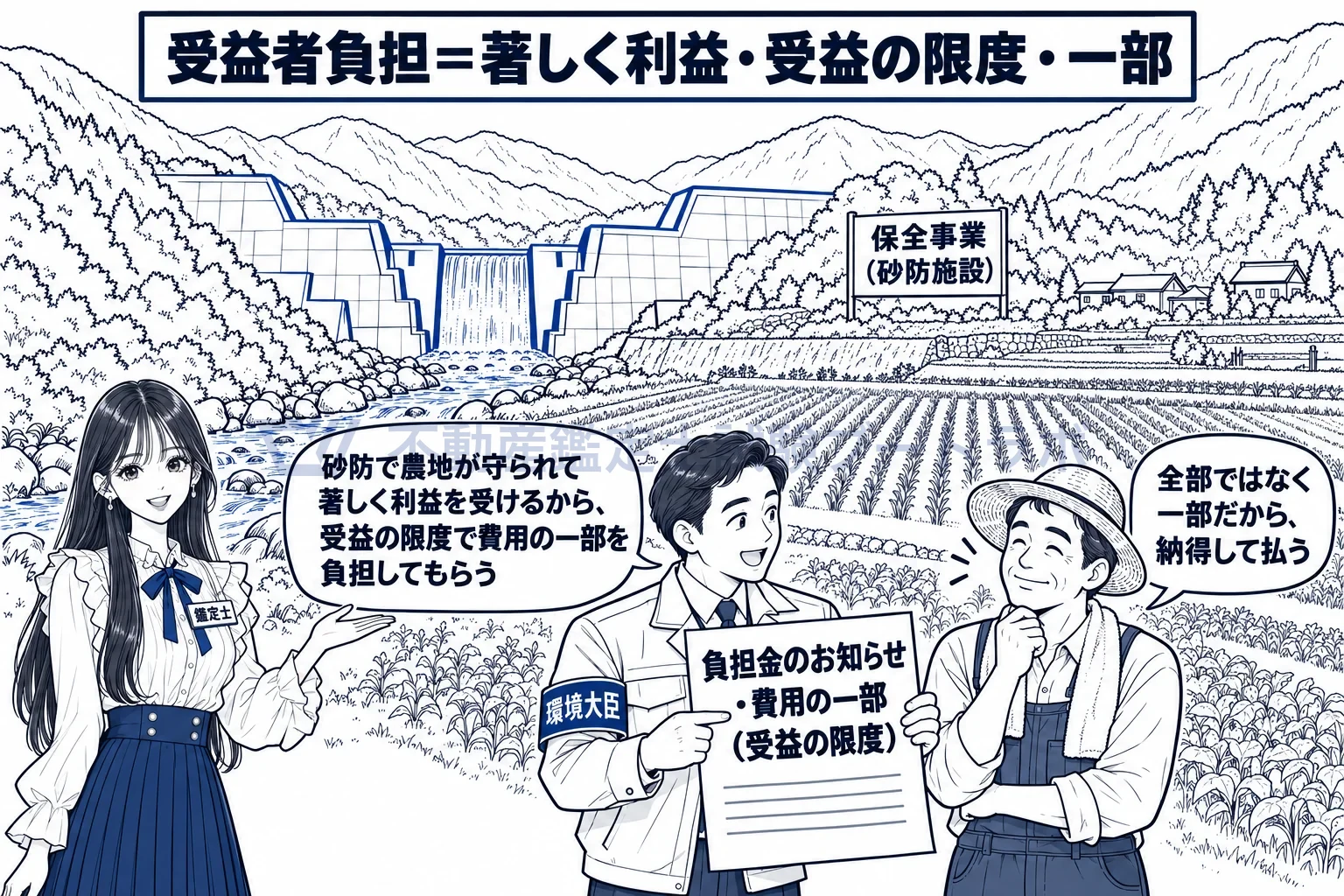 保全事業の図解：砂防で守られる下流の農地。受益の限度で費用の一部を負担。
