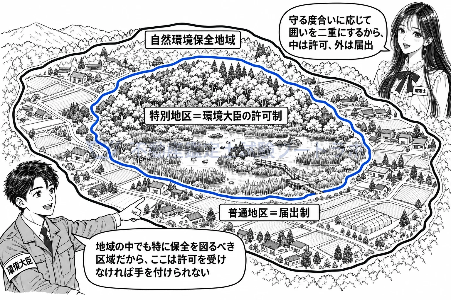 特別地区の図解：地域の中心部を一段強く囲み、行為は環境大臣の許可制。