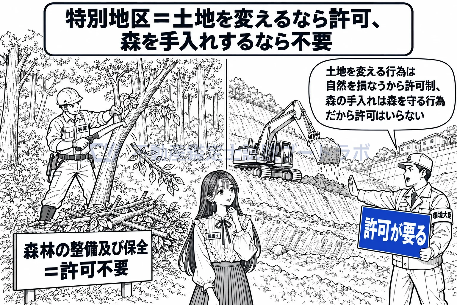 特別地区の図解：森を手入れするための損傷は許可不要。宅地造成は許可が要る。
