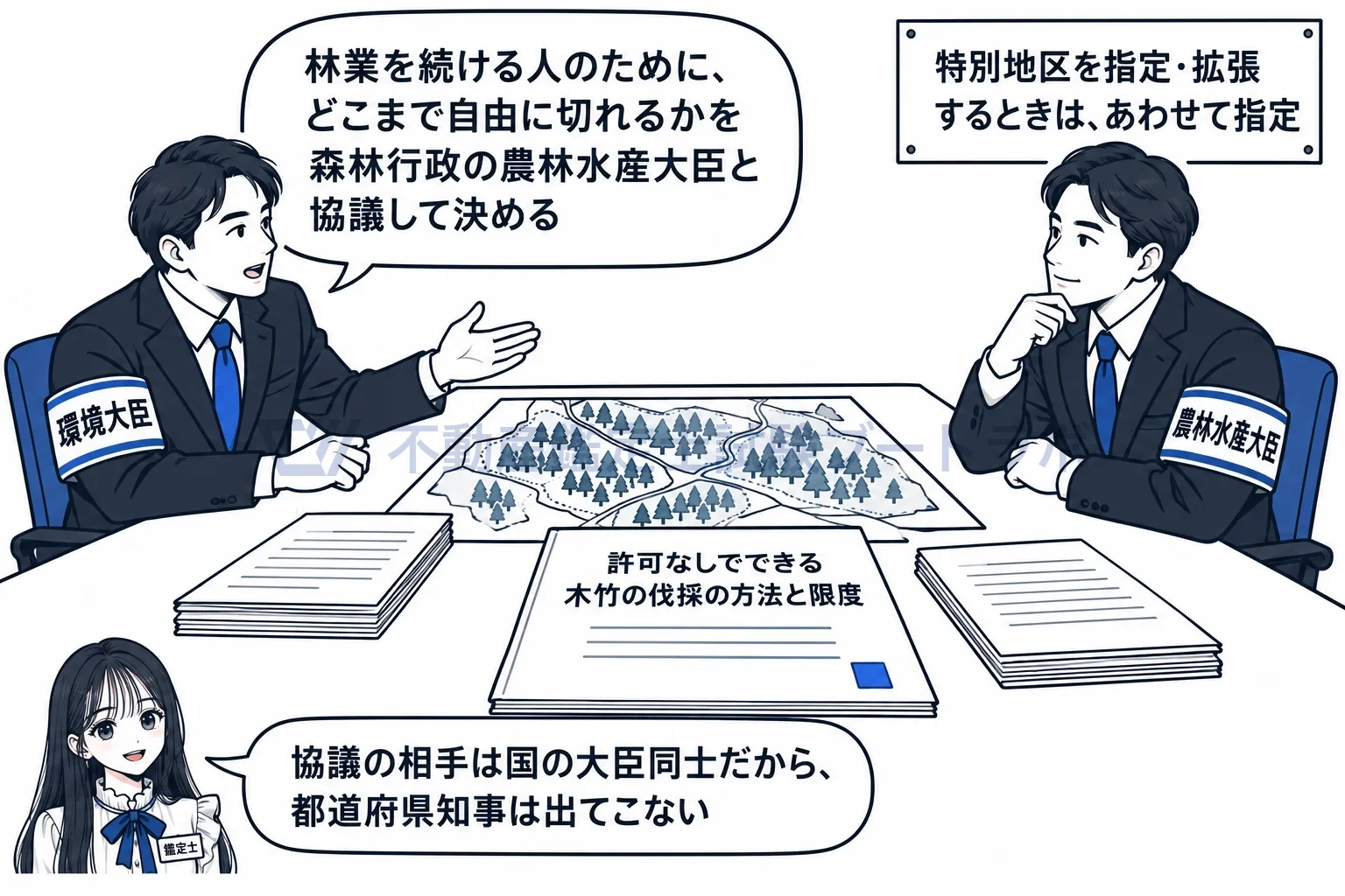 特別地区の図解：伐採の限度は、環境大臣と農林水産大臣が協議して決める。