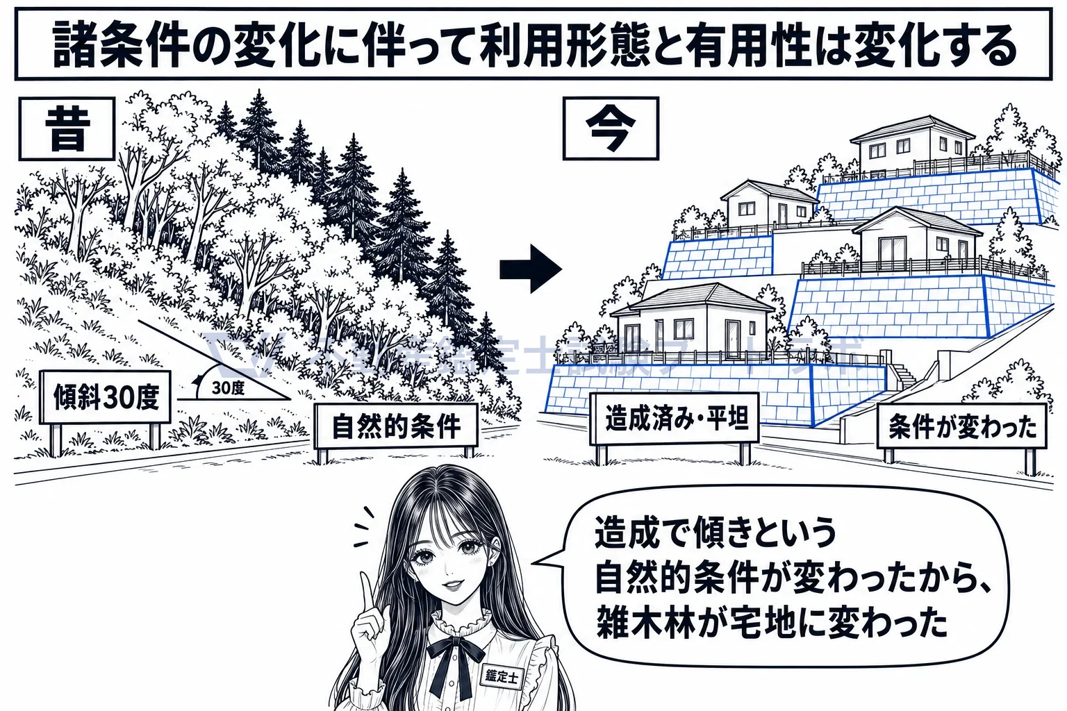 自然的条件の図解:造成で傾きが直ると、雑木林が宅地に変わる。