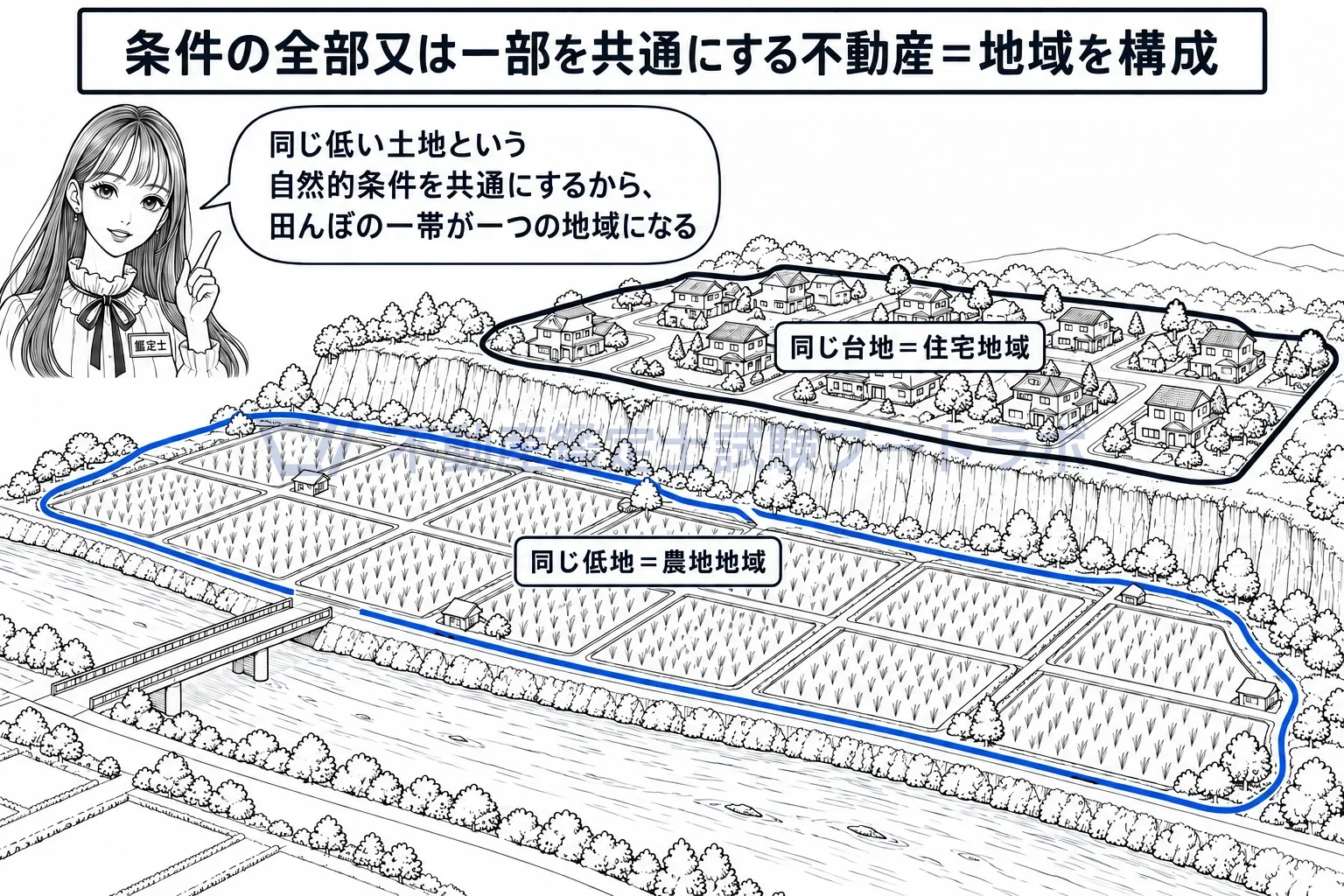 自然的条件の図解:同じ低地には田んぼが、同じ台地には家が並ぶ。条件を共通にする土地が一つの地域になる。