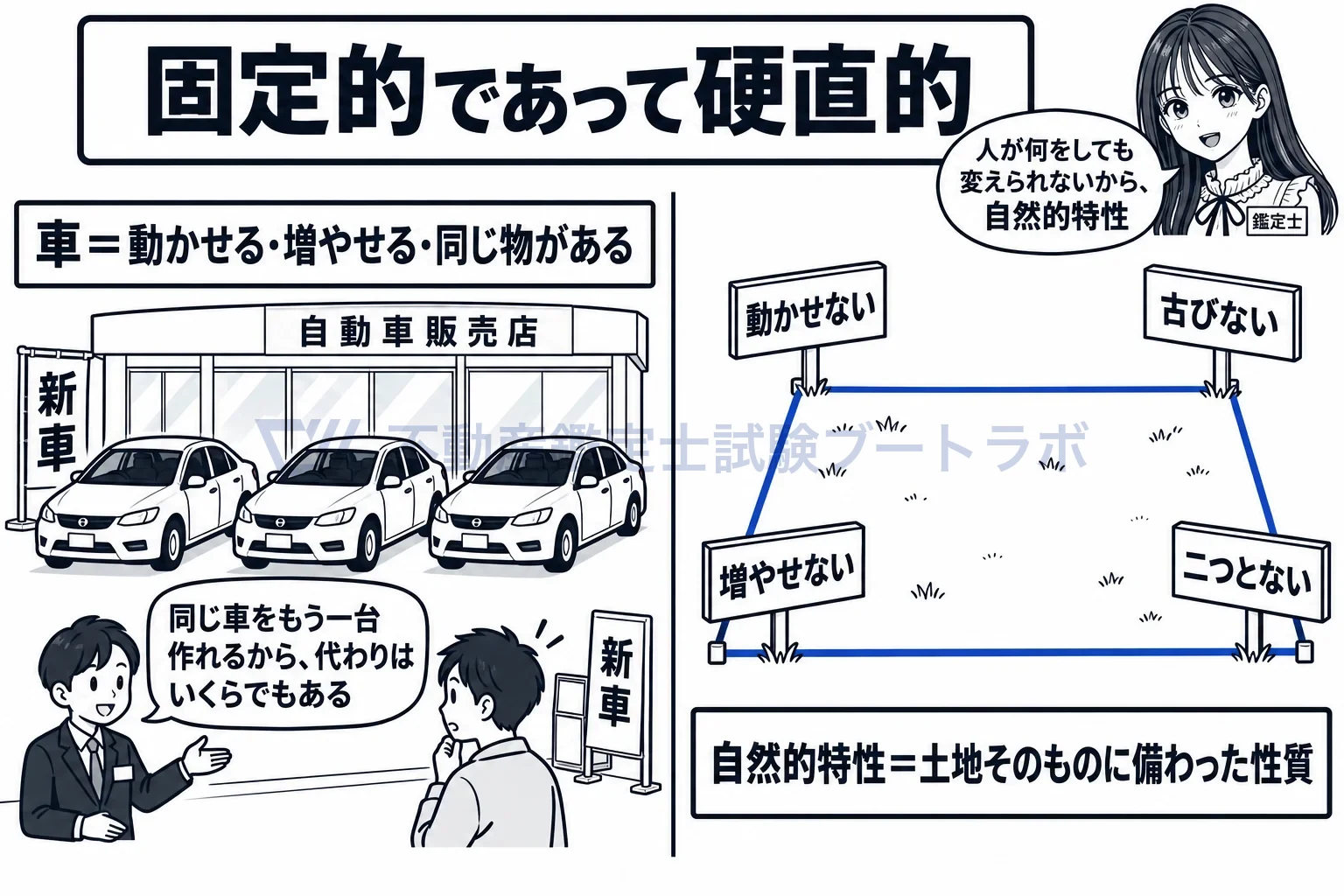 自然的特性の図解：車は動かせて増やせるが、土地は動かせず古びず増やせず二つとない。