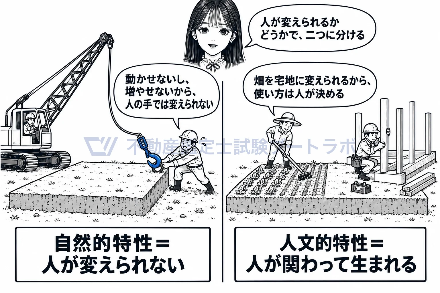 自然的特性の図解：人が変えられないものが自然的特性、人が変えられるものが人文的特性。