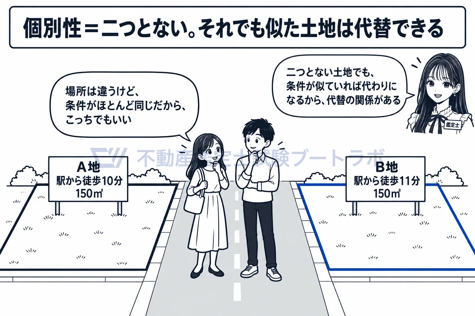 自然的特性の図解：二つとない土地でも、条件が似ていれば買い手には代わりになる。
