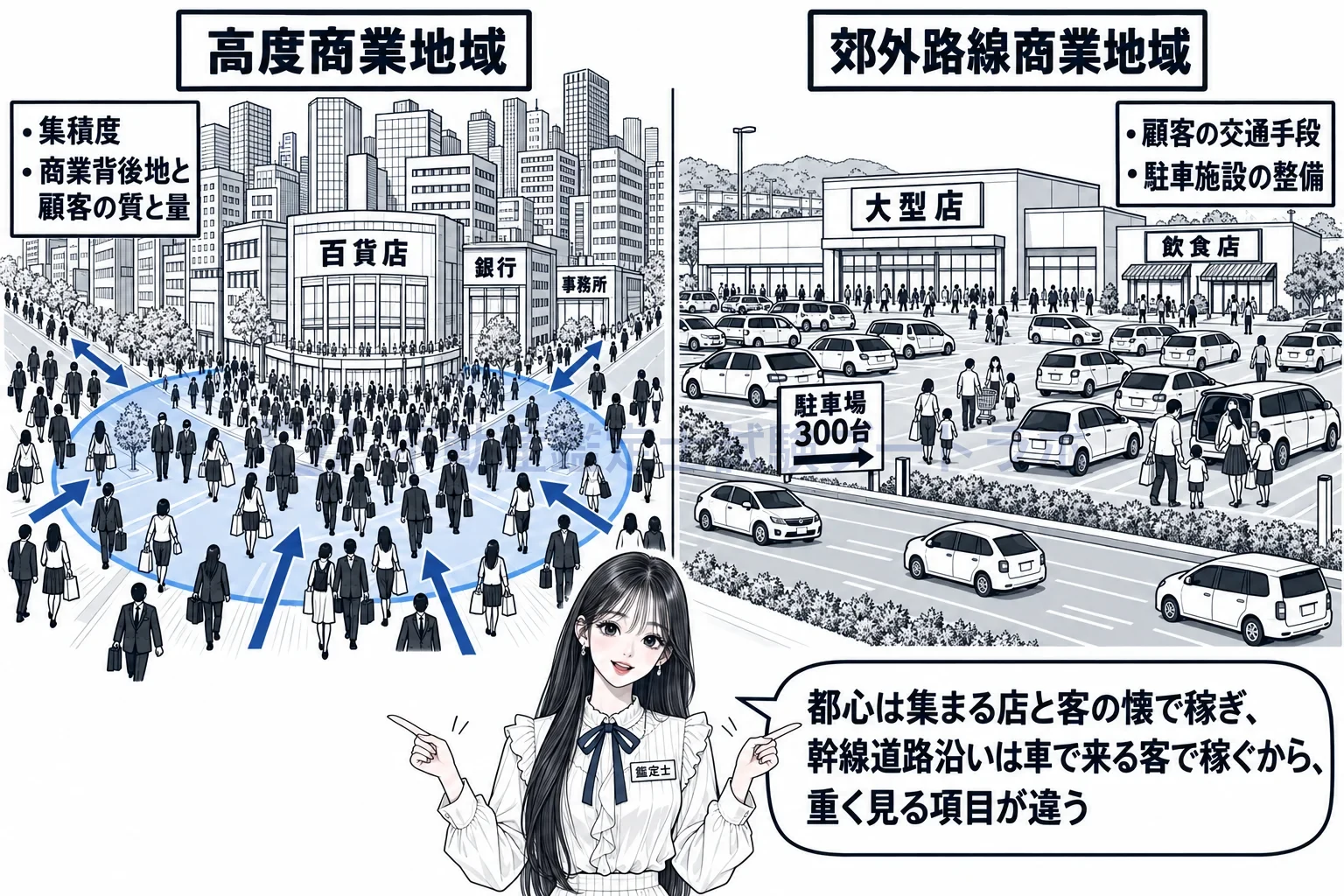 商業地域の地域要因の図解：都心のビル街は集積度と背後地・顧客、幹線道路沿いは駐車場と車の客。