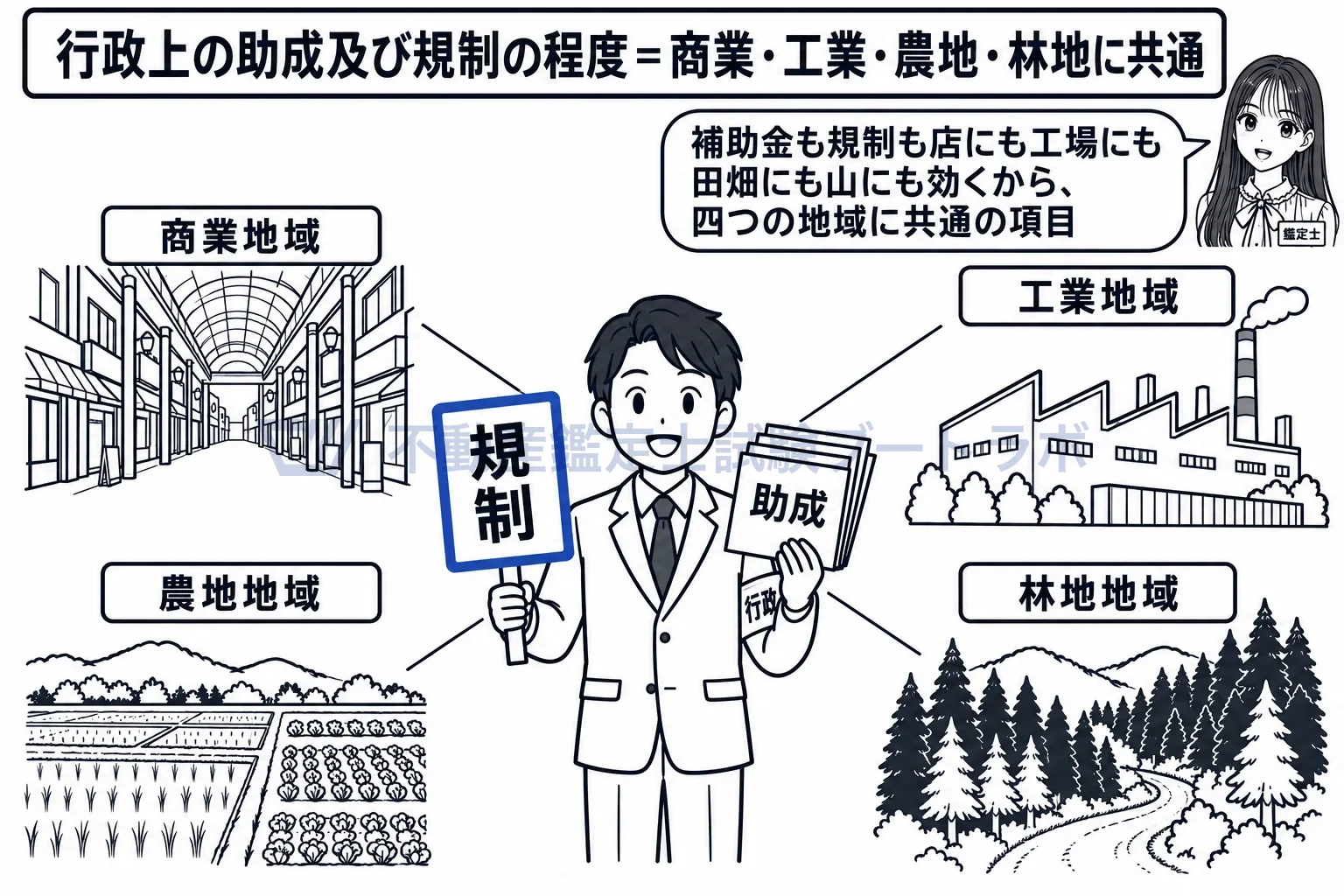 商業地域の地域要因の図解：助成と規制は、商店街にも工場にも田畑にも山にも効く。