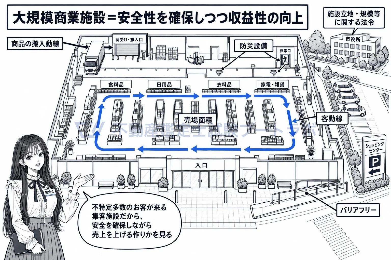 商業施設の個別的要因の図解：大勢のお客が来る集客施設だから、安全を確保しながら収益を上げる作りかを見る。