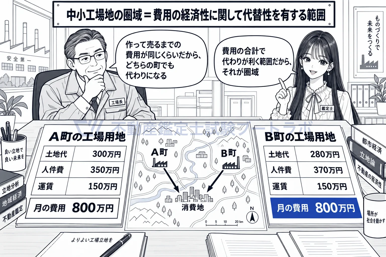 消費地指向型工業地の図解：作って売るまでの費用が同じくらいなら、別の町の工場用地でも代わりになる。