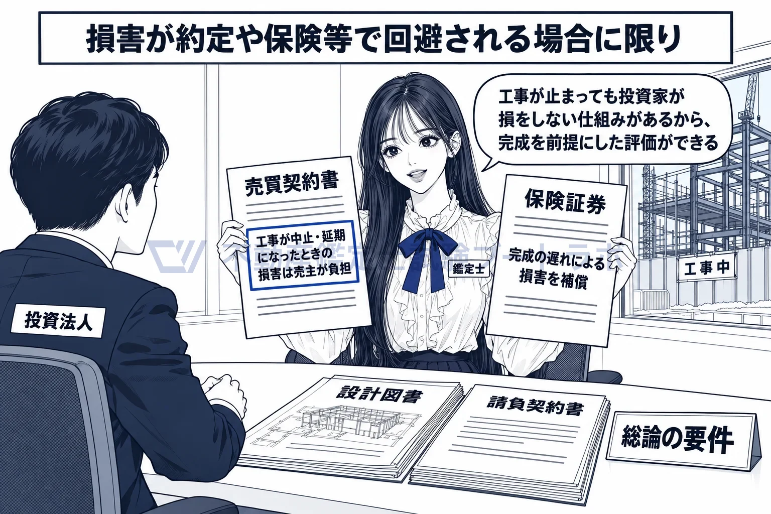 証券化対象不動産の未竣工建物等鑑定評価の図解:図面と請負契約だけでなく、工事が止まったときの損害を誰が負うかまで確かめる。