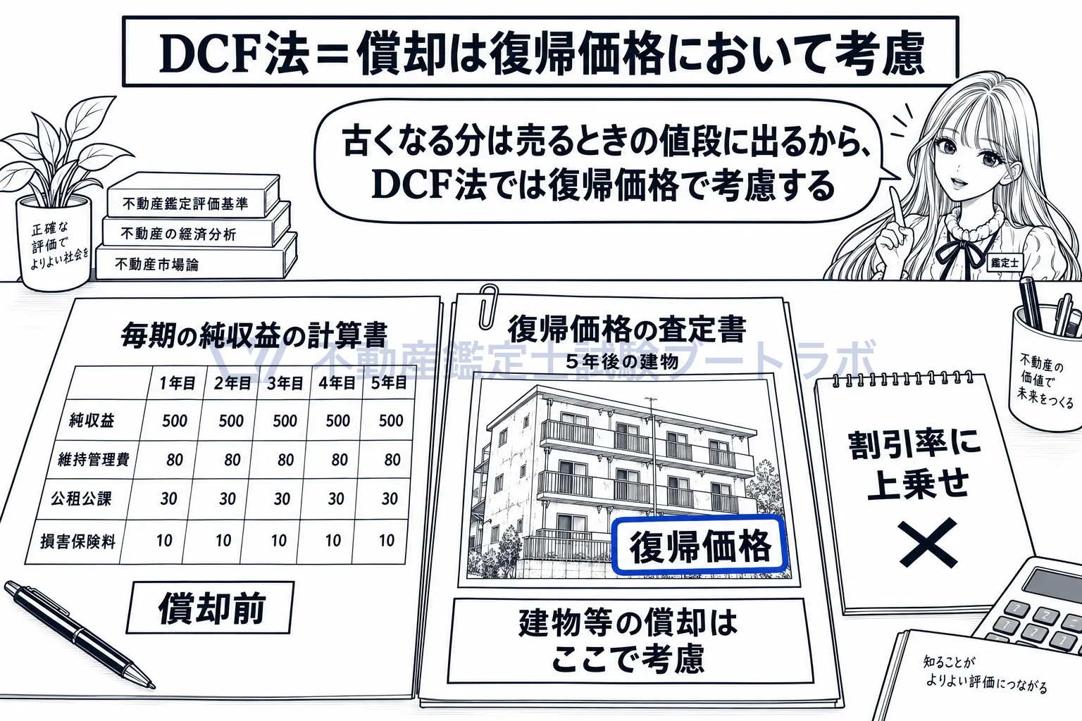 償却前の純収益の図解:古くなる分は売るときの値段に出るから、DCF法では復帰価格で考慮する。