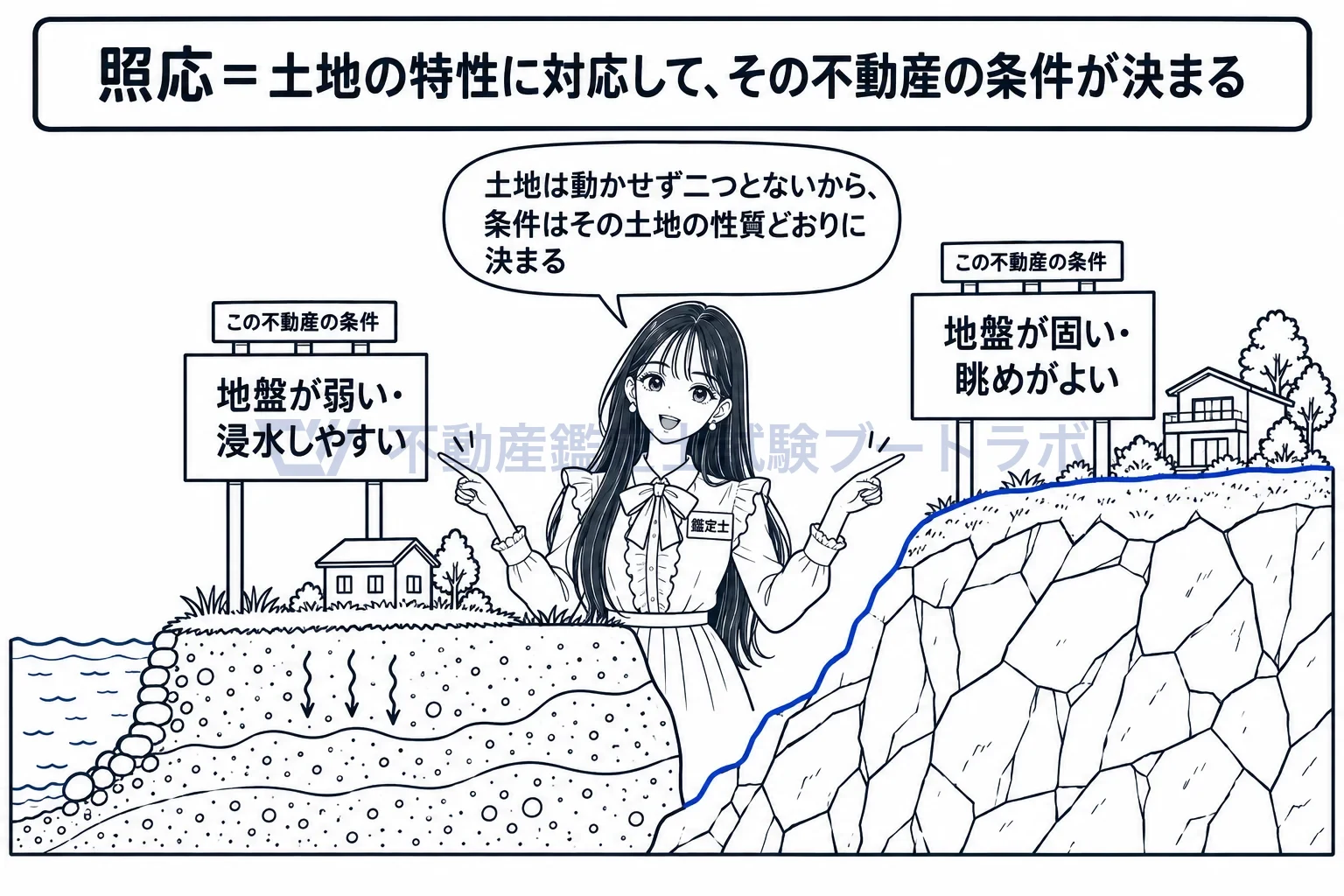照応の図解：土地の性質どおりに、その土地の条件が決まる。