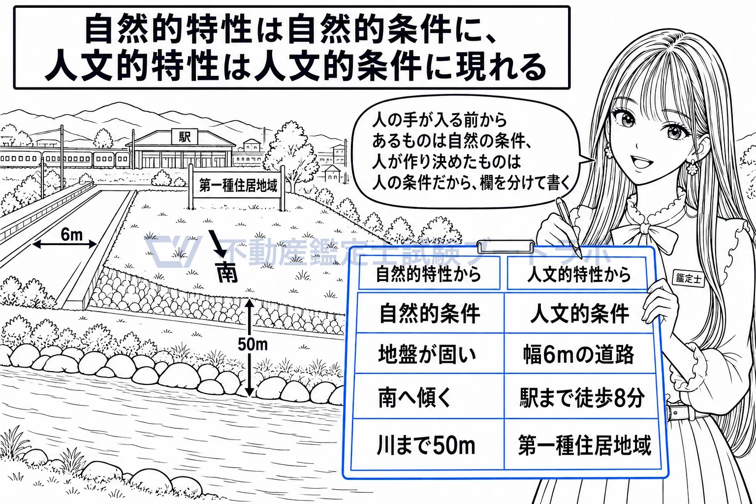 照応の図解：人の手が入る前からあるのが自然的条件、人が作り決めたのが人文的条件。