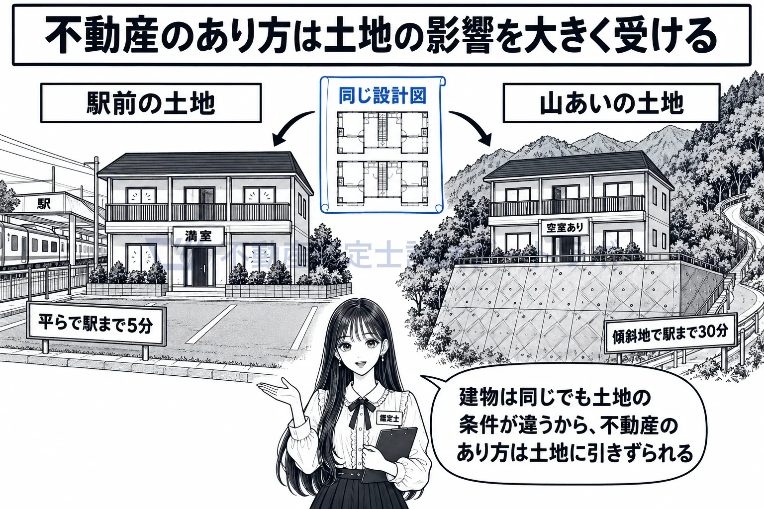 照応の図解：同じ設計の建物でも、土地が違えば不動産のあり方が違う。