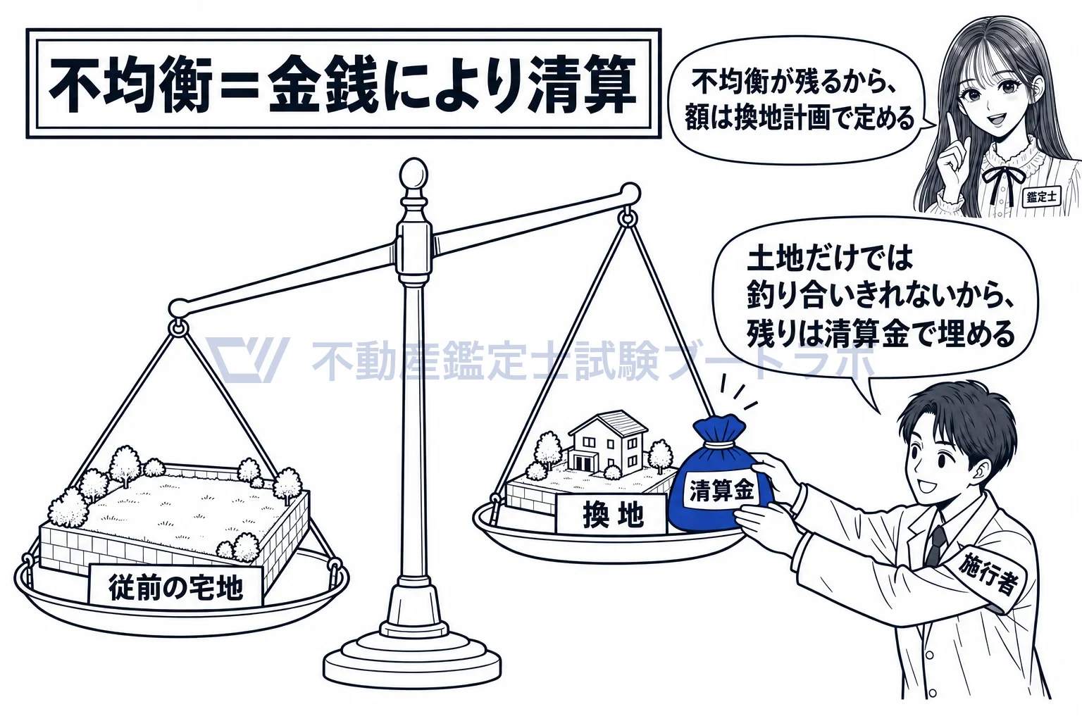 照応の原則の図解：土地で釣り合わせきれない差は、清算金で埋める。