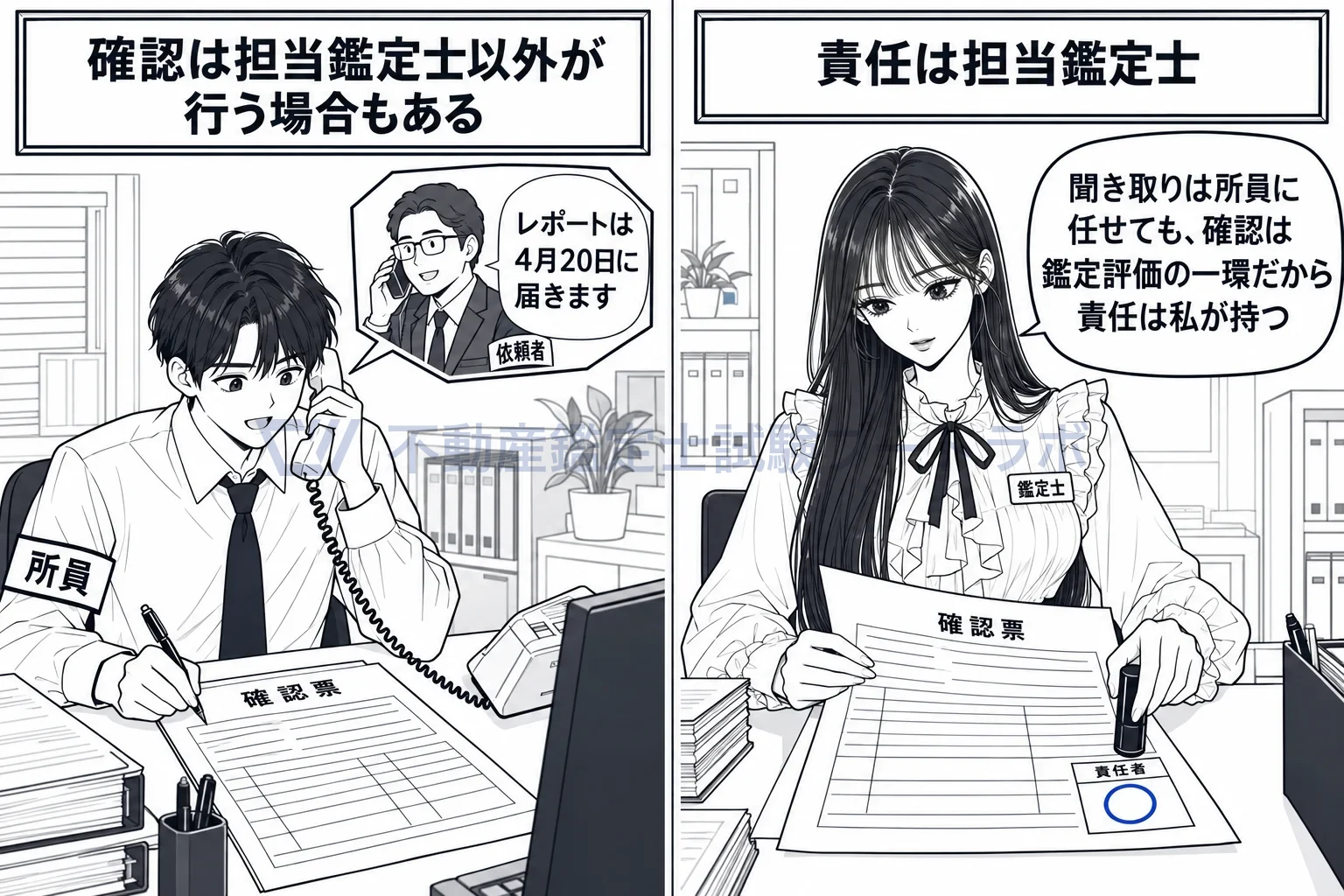 処理計画の策定に当たっての確認事項の図解:聞き取りは他の者に任せても、責任は担当鑑定士にある。