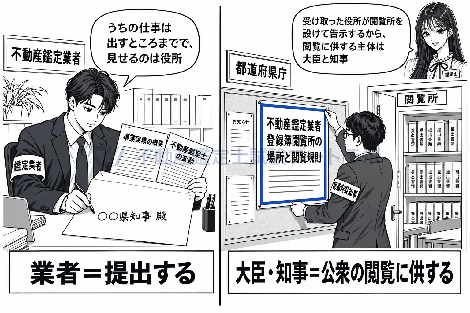 書類の提出義務の図解:業者は出すだけ、見せる場所を用意するのは大臣と知事。