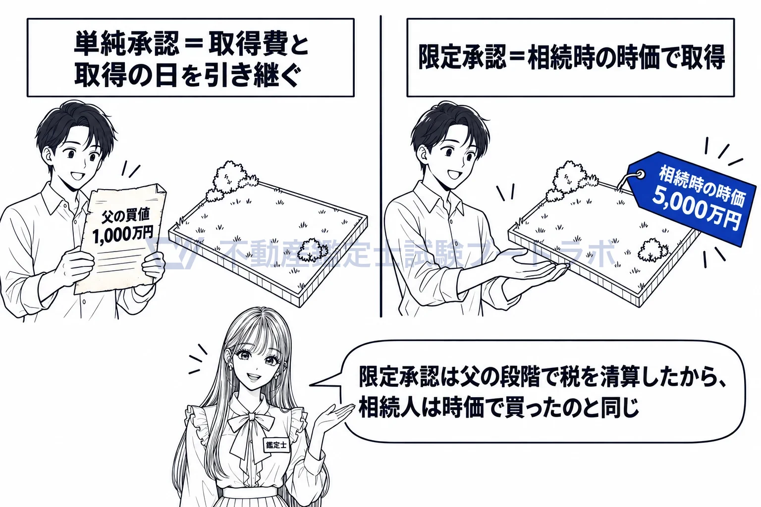 限定承認の図解：単純承認なら父の買値を引き継ぎ、限定承認なら相続時の時価で取得。