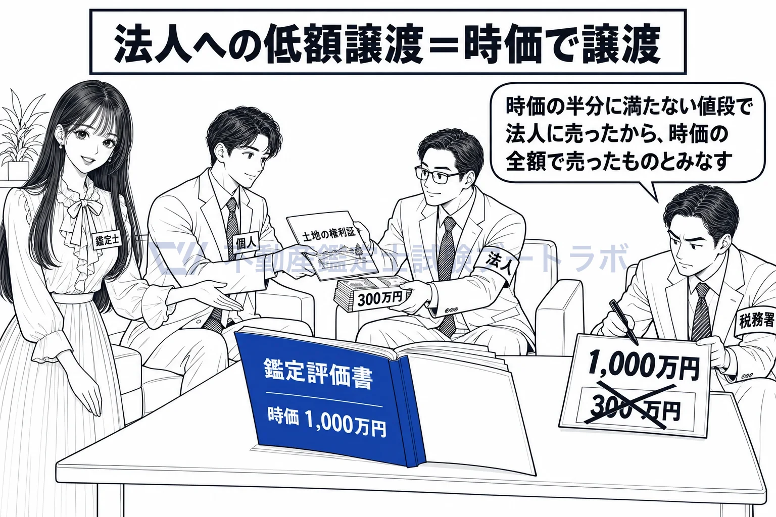 みなし譲渡の図解：会社に安く売っても、時価で売ったものとみなす。