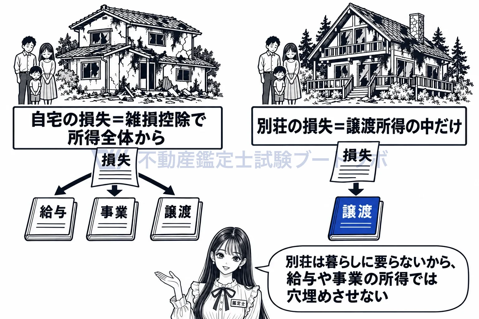 生活に通常必要でない資産の図解:自宅の損は所得全体から、別荘の損は譲渡所得の中だけ。