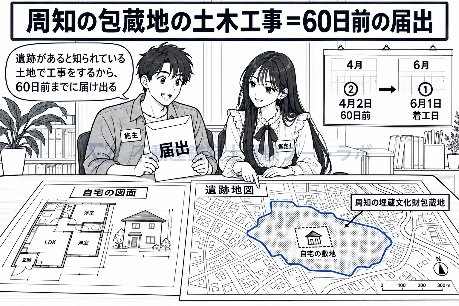 周知の埋蔵文化財包蔵地の図解：遺跡があると知られている土地で工事をするなら、60日前までに届出。