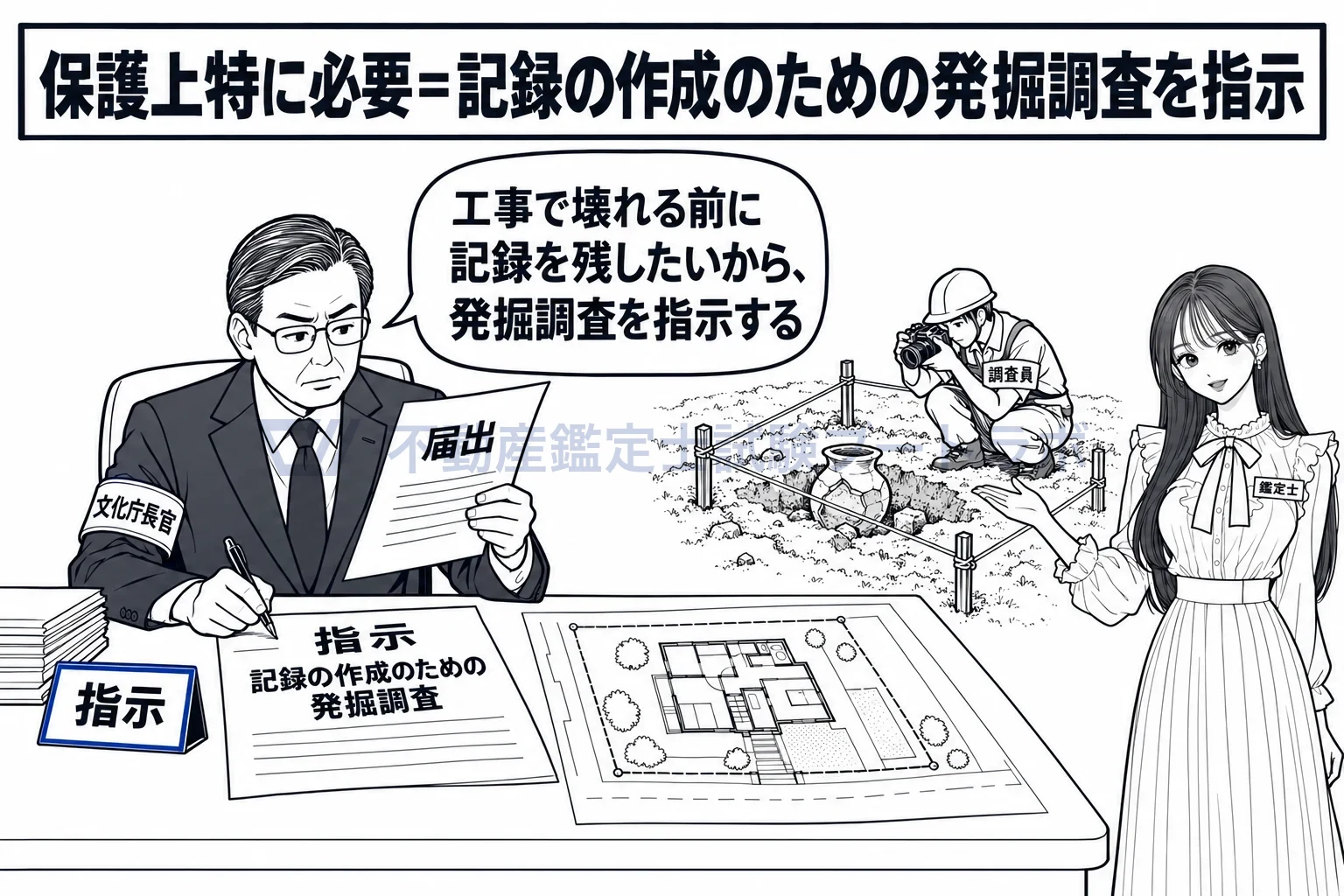 周知の埋蔵文化財包蔵地の図解：工事は止めないが、壊れる前に記録を取る発掘調査を指示する。