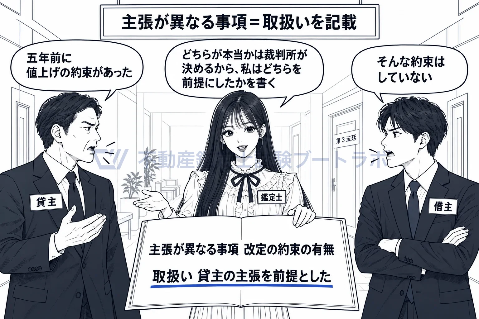 当事者間で事実の主張が異なる事項の図解:言い分が食い違う事実は、どちらを前提にしたかを書いて評価する。