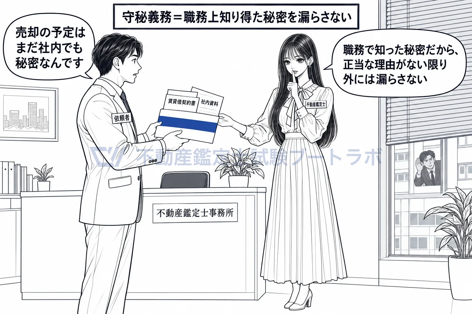 守秘義務の図解：売却の予定も借入れの事情も、職務で知った秘密は外に出さない。