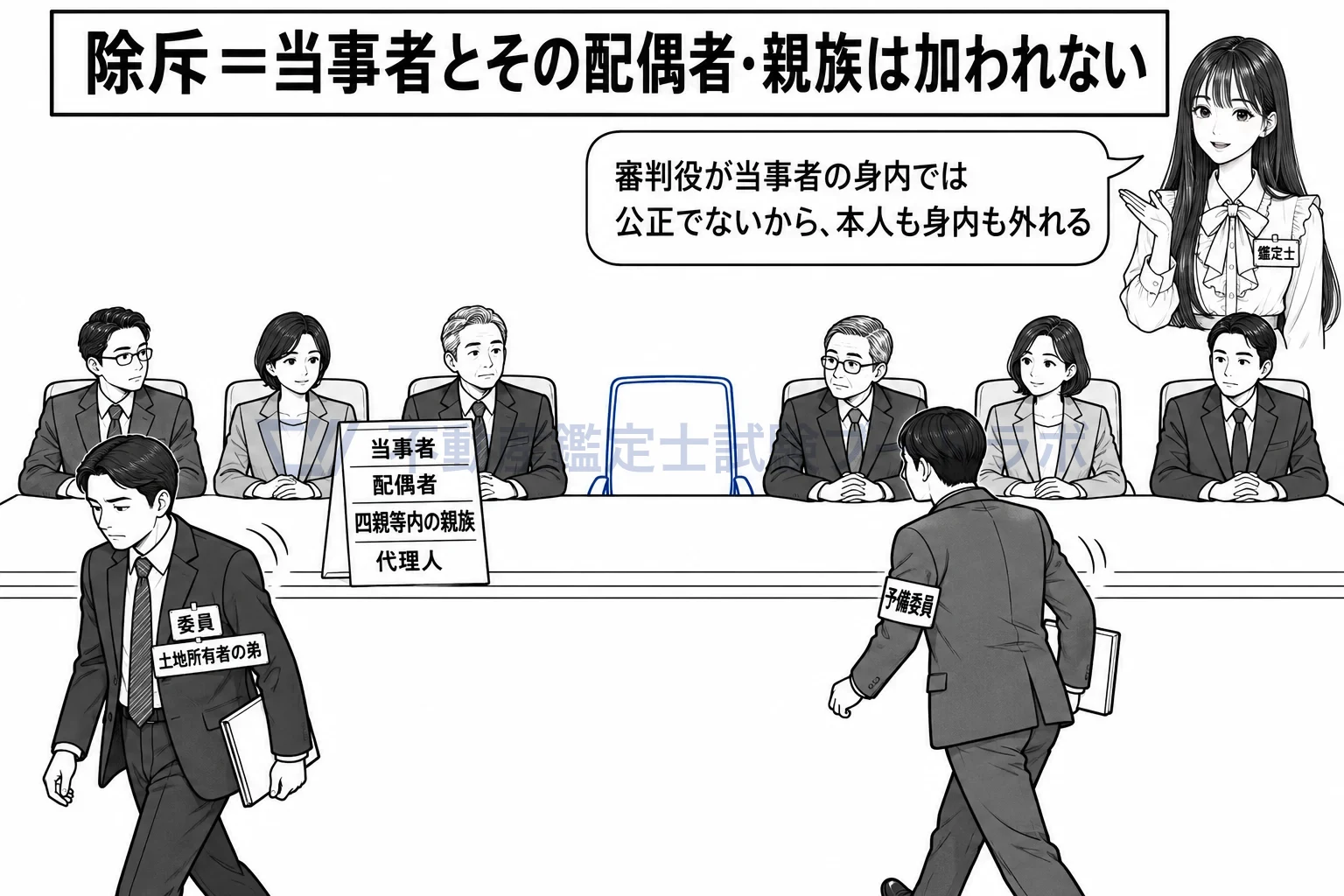 収用委員会の図解：当事者の身内は席を外れ、予備委員が補充に入る。