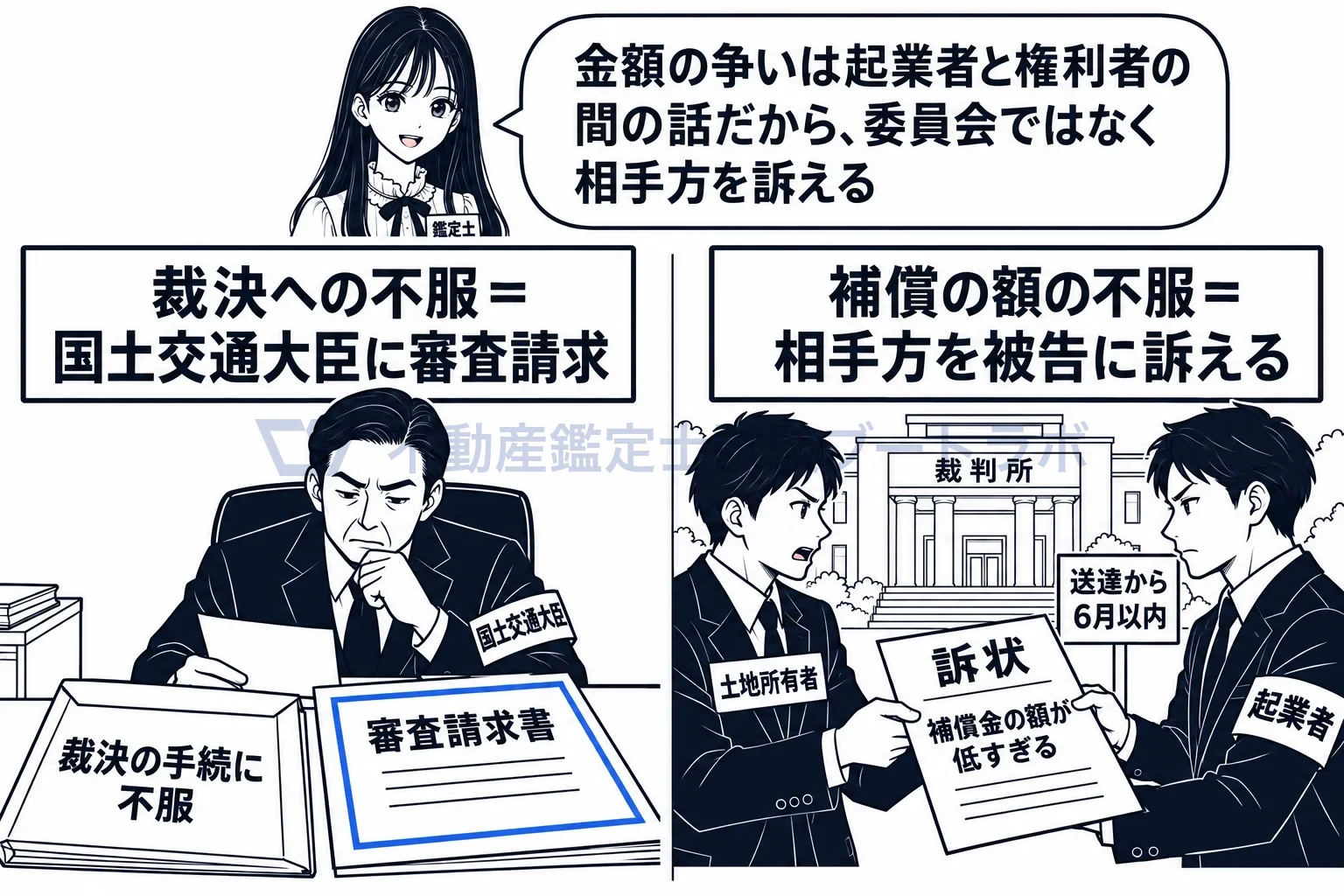 収用委員会の図解：裁決の不服は大臣へ審査請求、補償の額の不服は相手方を被告に訴える。