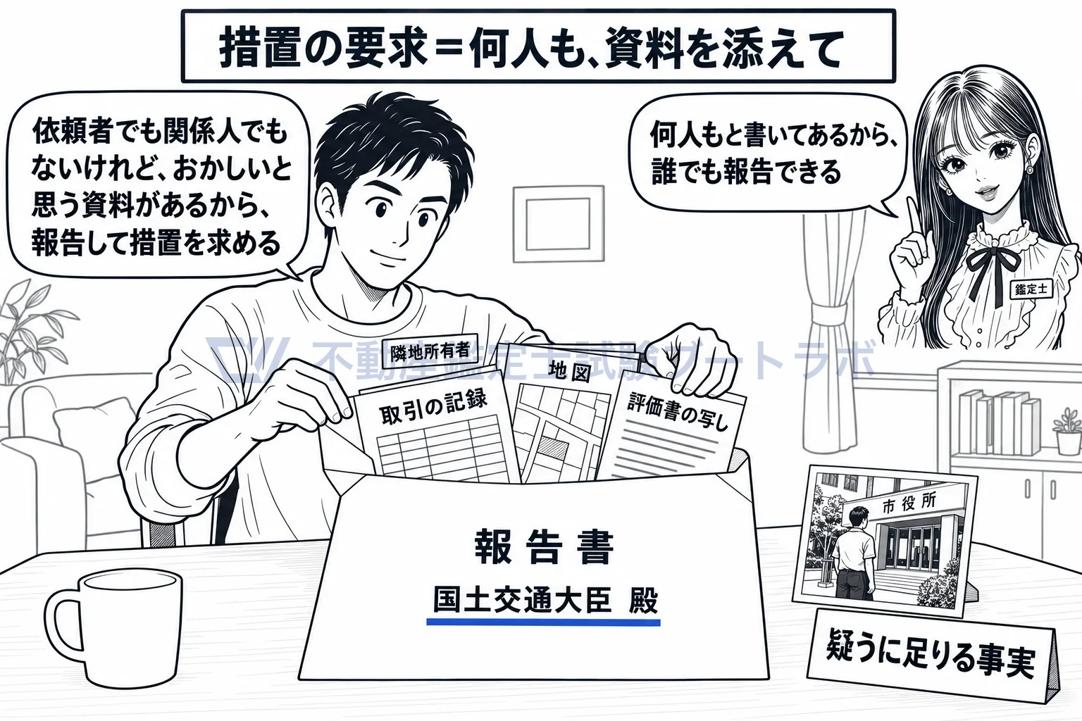 不当な鑑定評価等に対する措置の要求の図解:誰でも、資料を添えて役所に報告し、措置を求められる。