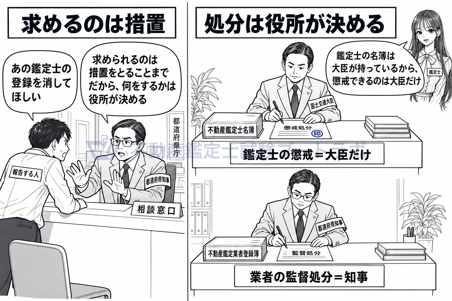 不当な鑑定評価等に対する措置の要求の図解:報告する人は措置を求めるだけで、何をするかは役所が決める。