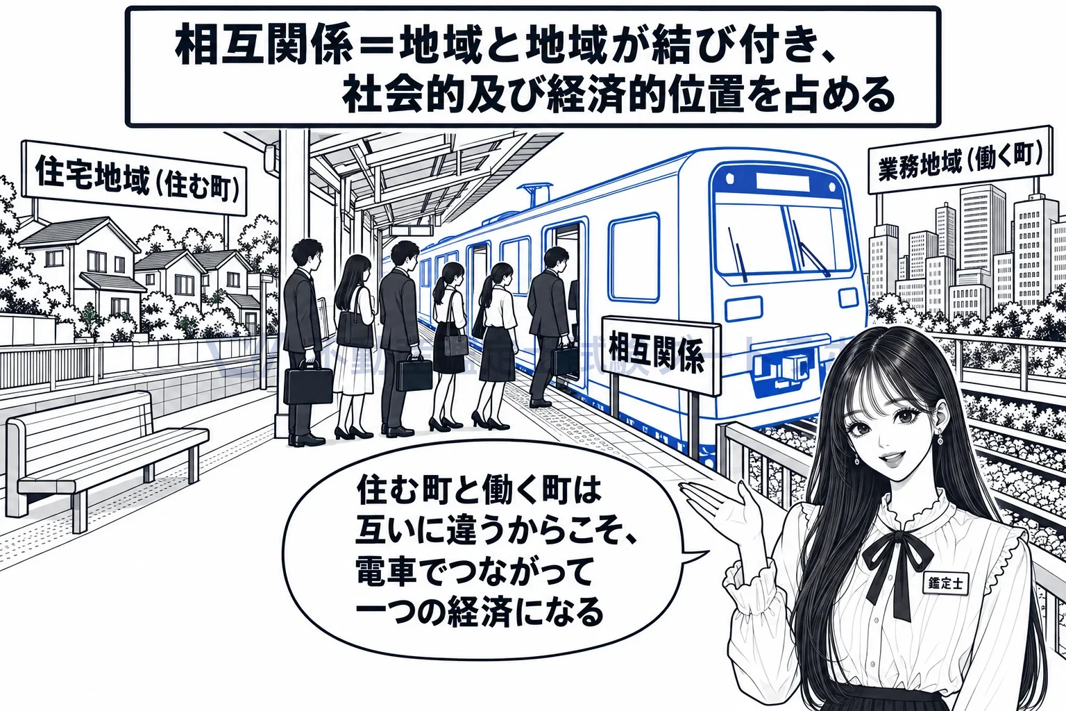 相互関係の図解:住む町と働く町は違うからこそ、電車でつながって一つになる。