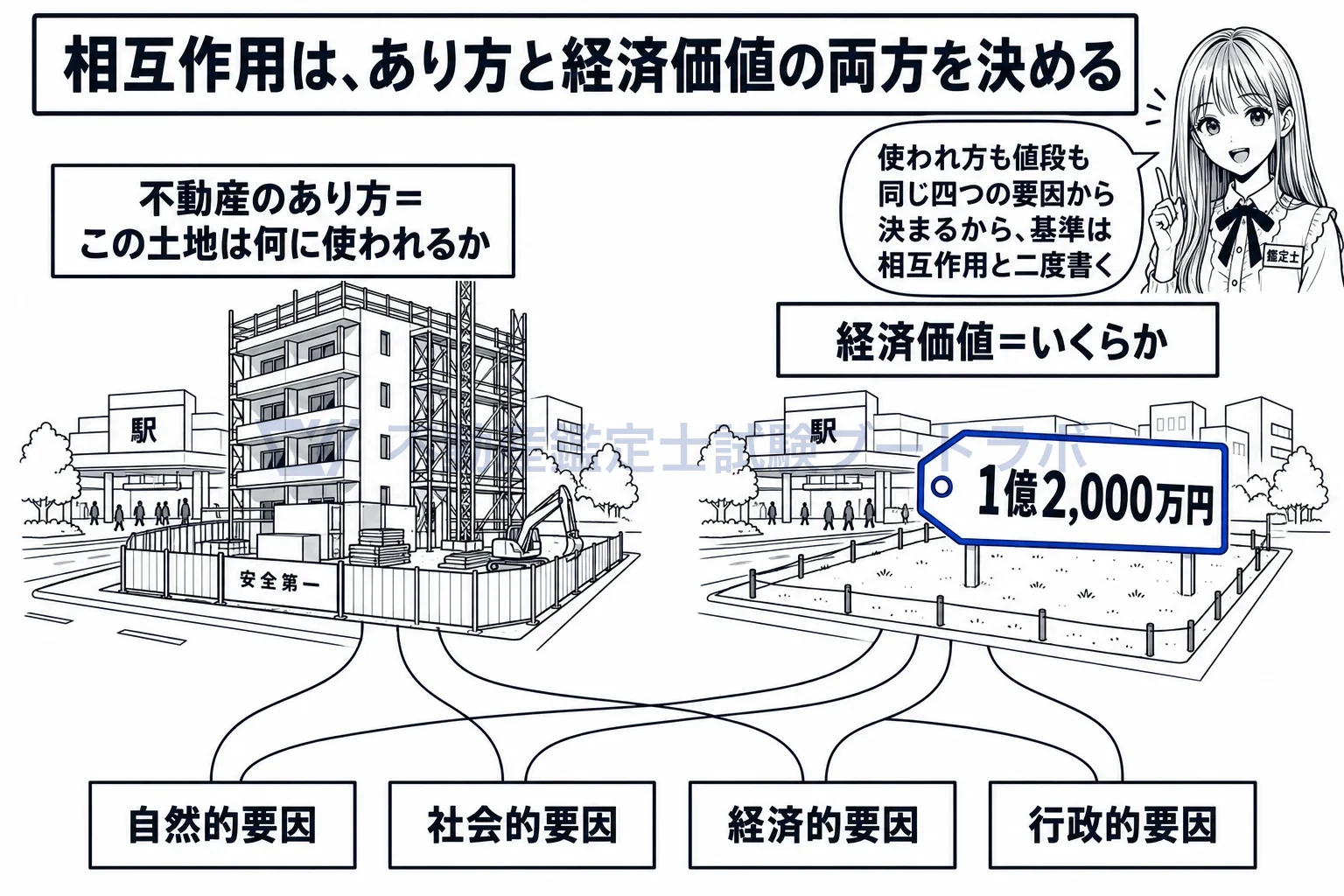 相互作用の図解:四つの要因が、土地の使われ方と値段の両方を決める。