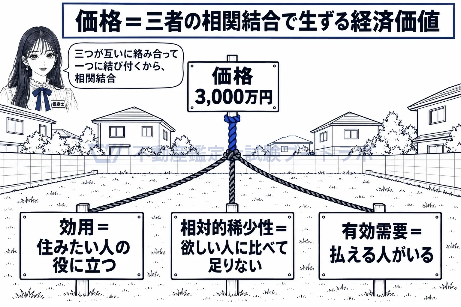 相関結合の図解：役に立つ、足りない、買える人がいる、の三本が一つに結ばれて値札になる。