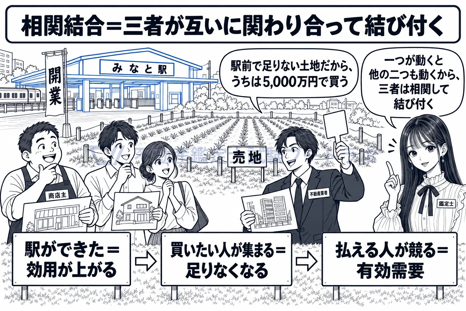 相関結合の図解：新しい駅ができて役立ち方が上がると、欲しい人が集まって足りなくなり、払える人が値段を競う。