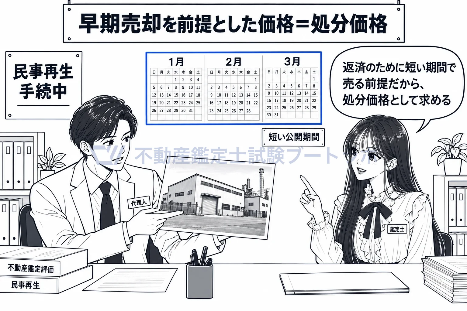 早期売却を前提とした価格の図解：返済のために短い期間で売る前提だから、処分価格として求める。