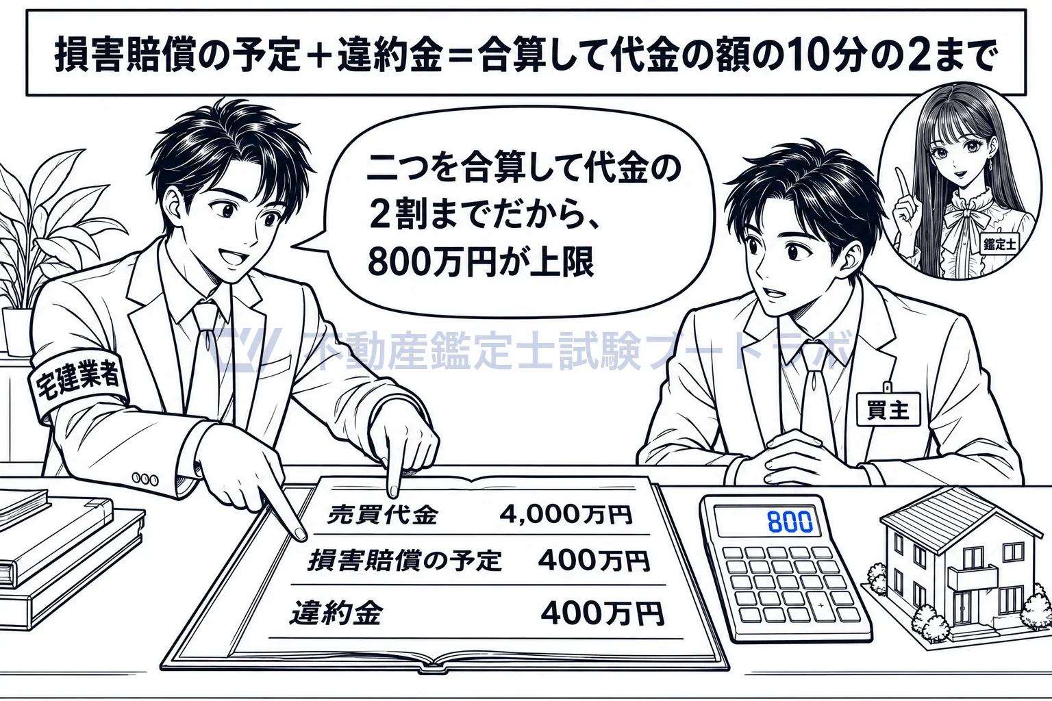 損害賠償額の予定の制限の図解:代金4,000万円なら、予定額と違約金は足して800万円まで。